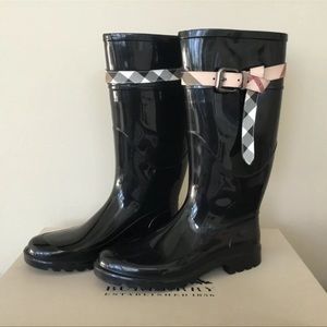 Burberry Black Patent Rain Boots with Check-Accent Strap